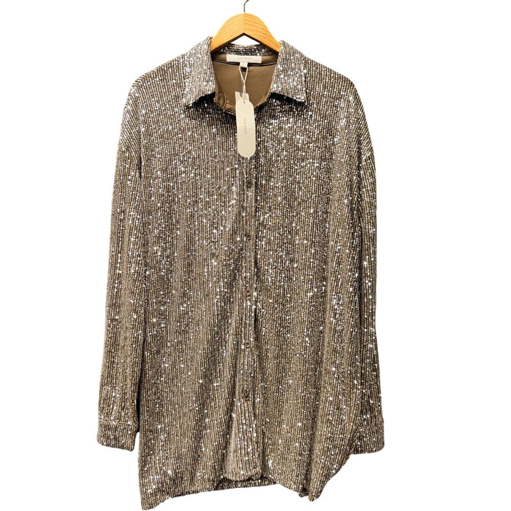 Anthroplogie Flat White Dress Sequin Button‎ Up Tunic Glam Party Womens M NEW